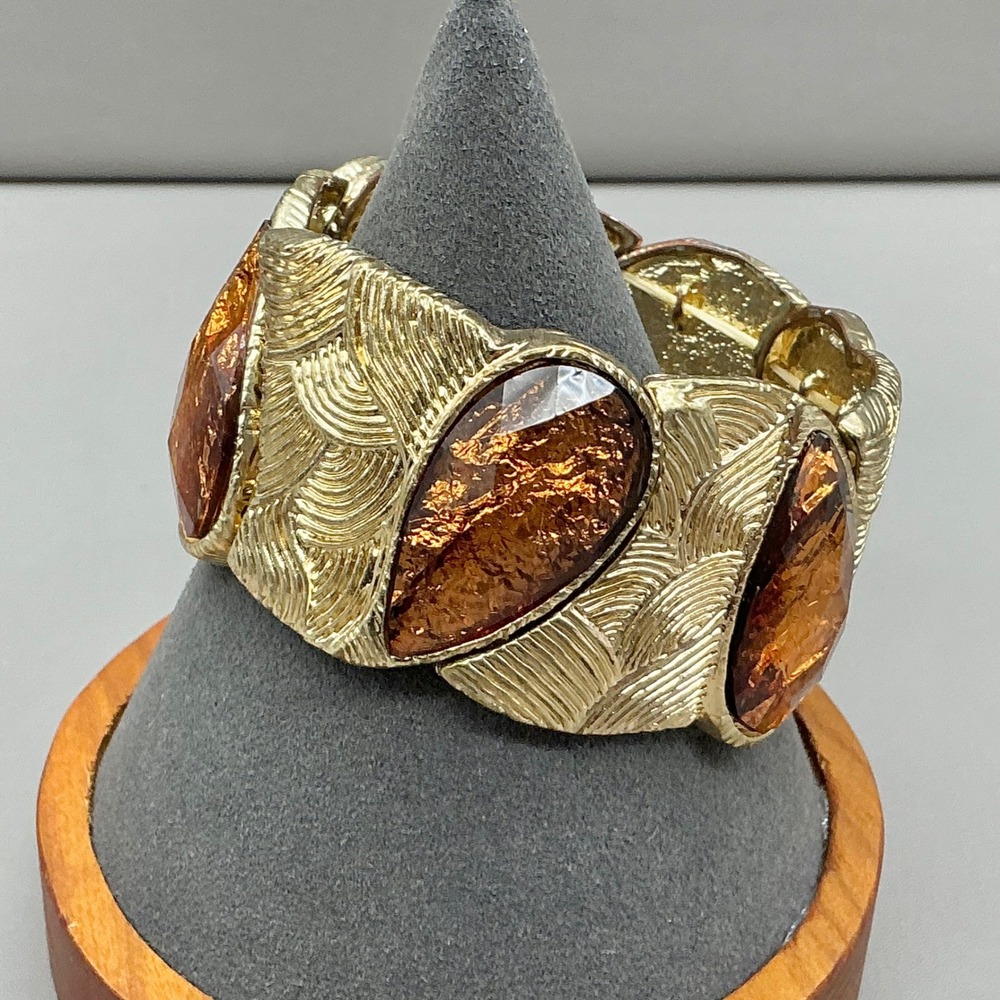Stretch Bracelet Women Gold Tone Amber Foil Tear Drop Textured Wide Statement